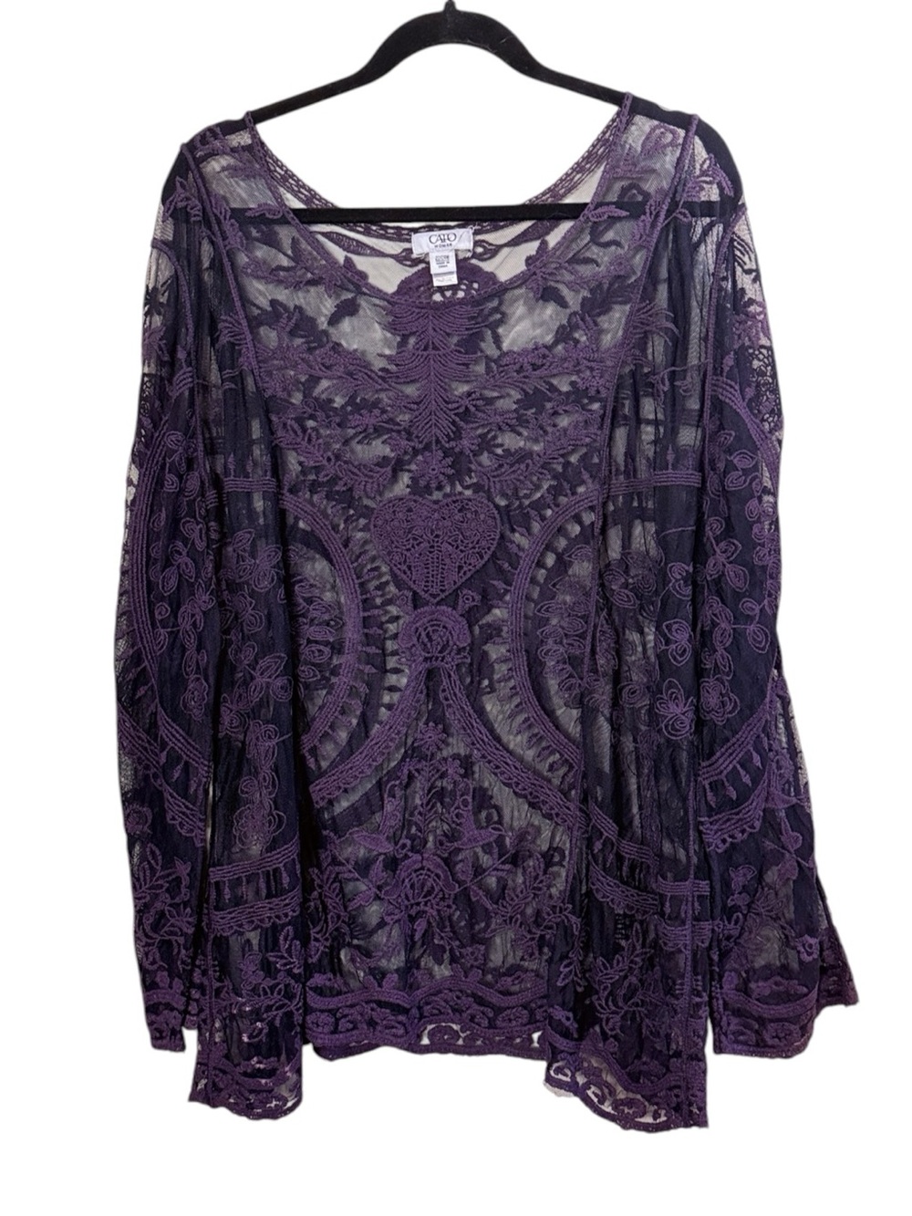 Cato Woman Rich Purple Sheer Lace Long-Sleeve Whimsi Romantic Flowy Tunic Sz 24